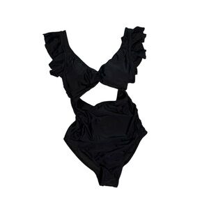 Charmo V Neck Cut Out Ruched Tummy‎ Control Black One Piece Swimsuit Medium